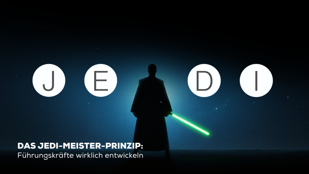 Silhouette indication: Mentor-Haltung symbolizing the Jedi-Meister-Prinzip zur Entwicklung von Führungskräften in der Führung von Führungskräften