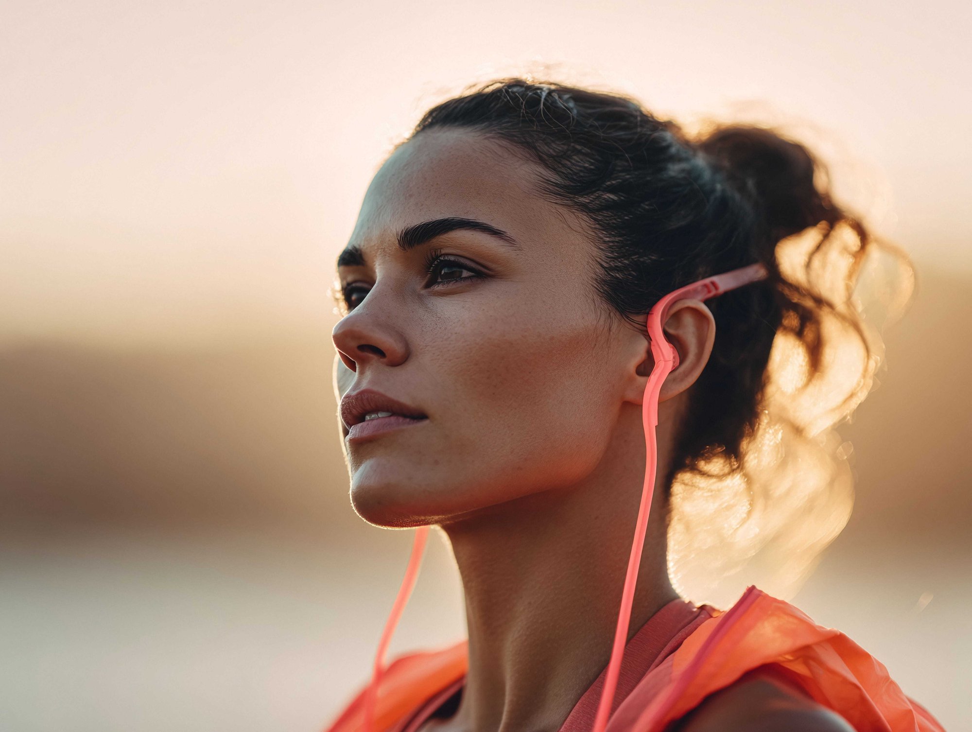 Athletin mit konzentriertem Blick und Kopfhörern im Sonnenlicht – Symbol für Führung unter Druck, Fokus und mentale Stärke im Spitzensport Athletin mit konzentriertem Blick und Kopfhörern im Sonnenlicht – Symbol für Führung unter Druck, Fokus und mentale Stärke im Spitzensport