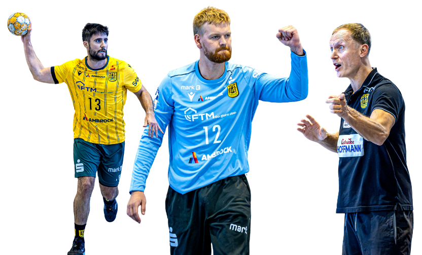 Spieler, Torwart und Trainer von Eintracht Hagen stehen symbolisch für Teamarbeit, Verantwortung und Führung im Profisport. Das Bild repräsentiert die Executive Leadership Experience Südwestfalen von Andreas Klement und Eintracht Hagen für Unternehmen und Führungsteams.