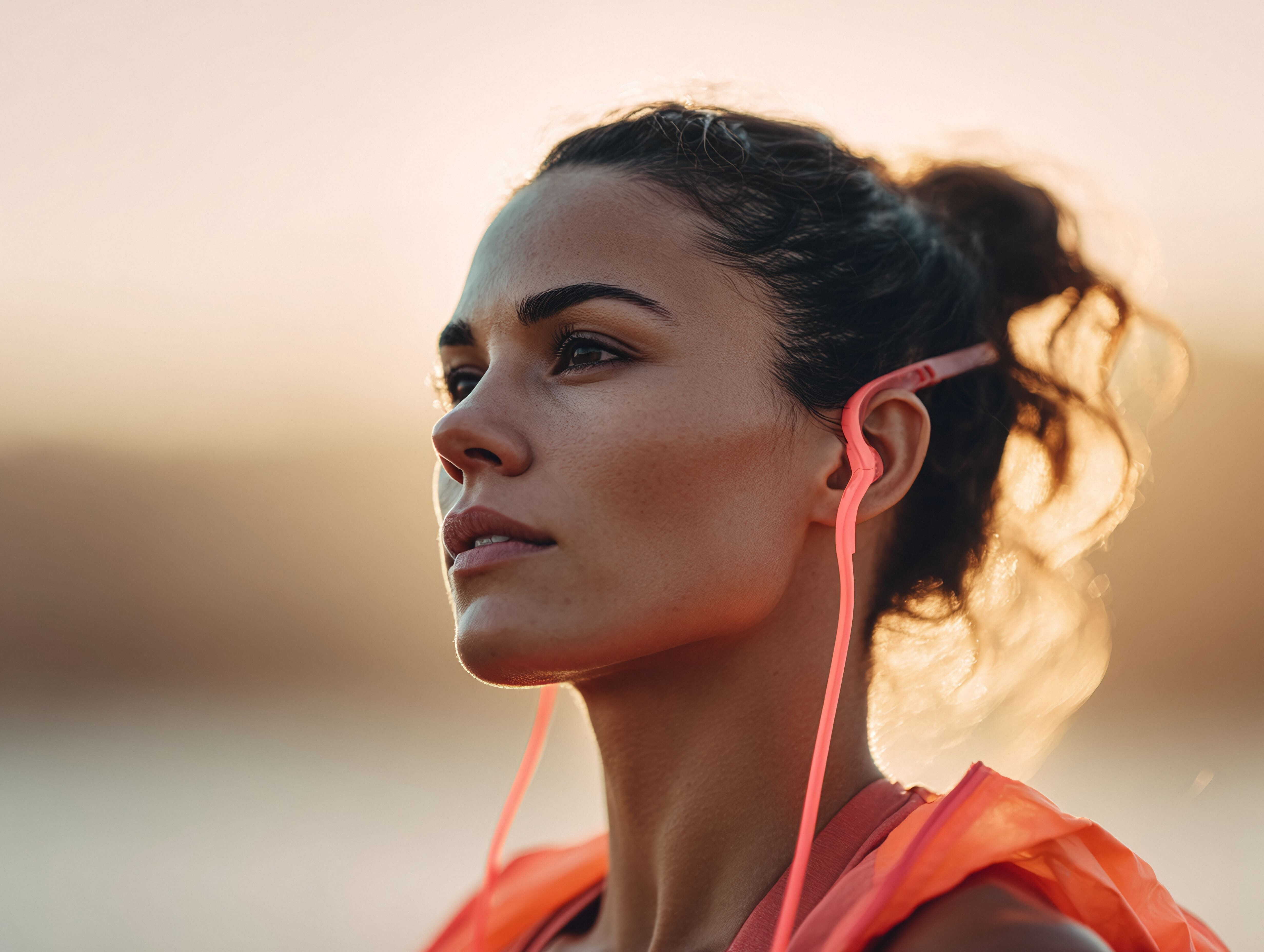 Athletin mit konzentriertem Blick und Kopfhörern im Sonnenlicht – Symbol für Führung unter Druck, Fokus und mentale Stärke im Spitzensport
